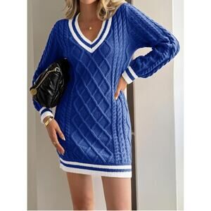 #125 ​MSRP $40 NWT SAODIMALLSU BLUE VARSITY CABLE KNIT SWEATER DRESS ♡SIZE S♡